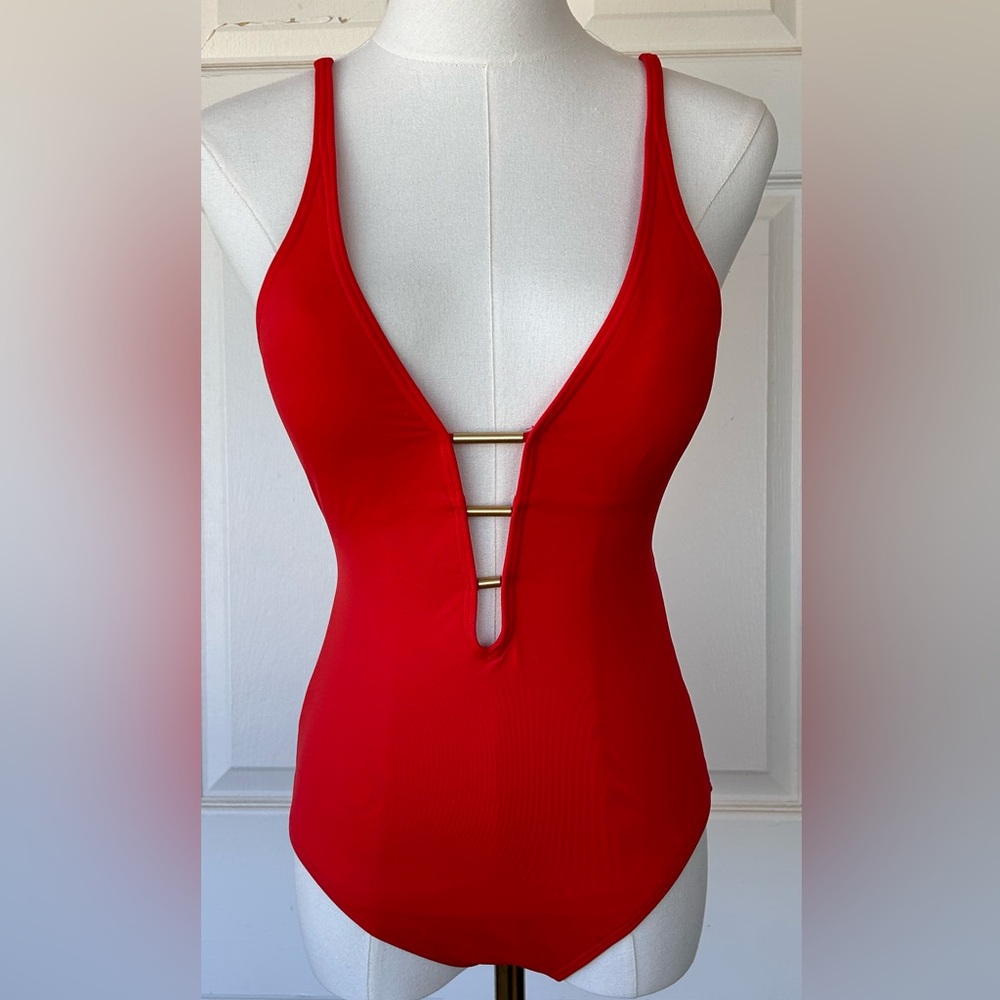 Carmen Marc Valvo 1 Piece Swimsuit Gold Metallic Details Size 6